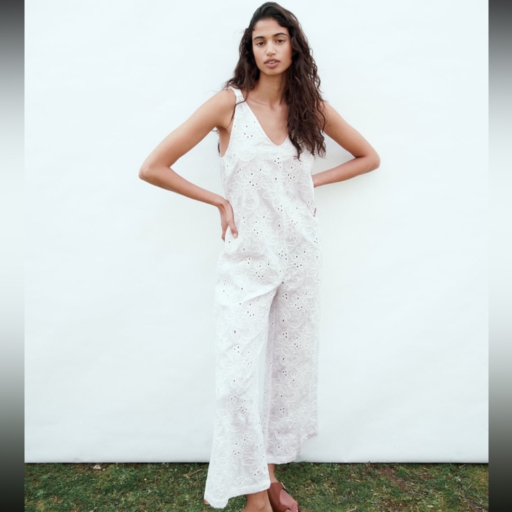 Zara Embroidered Eyelet Jumpsuit in White NWOT Size L